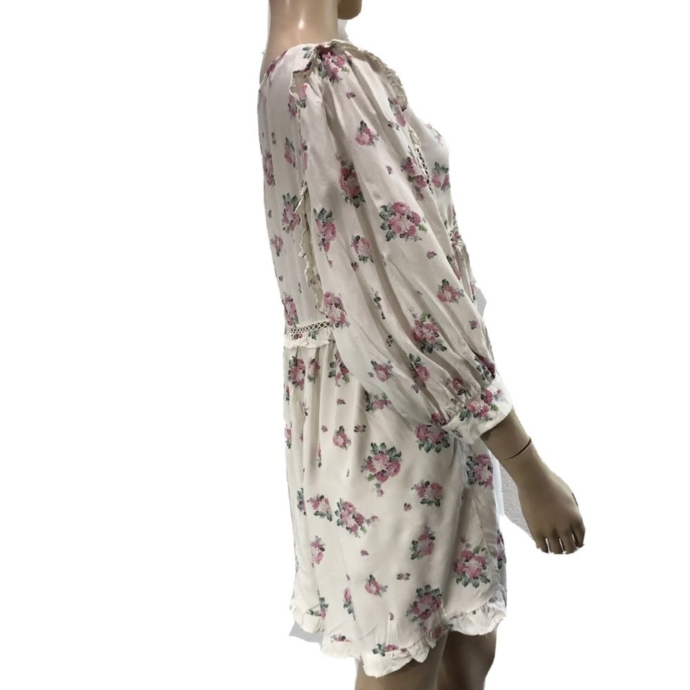 asos floral mini romantic print puff sleeve dress embroidery V-neck button front - Picture 3 of 16
